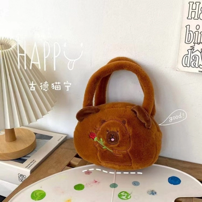 Torba plyšová s kapybarou a růží hnědá 20 cm