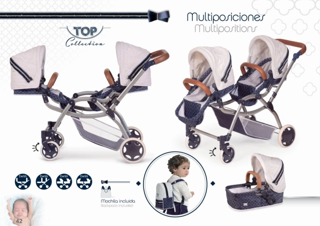 DeCuevas 80337 Skládací kočárek pro dvojčata panenky 3 v 1 s batůžkem TOP Collection 2020 - 81 cm