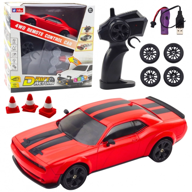 Závodní auto na drift s vyměnitelnými koly RC 4WD červené