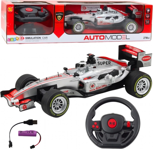 Závodní auto RC 1:12 s dálkovým ovládáním, světly a zvuky - Stříbrná