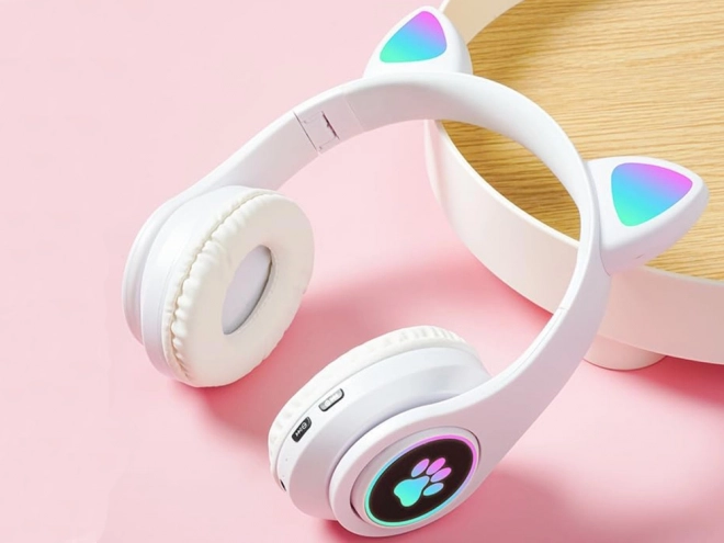 Bezdrátová sluchátka bluetooth rádio fm mp3 kočičí uši led podsvícení – Bílé