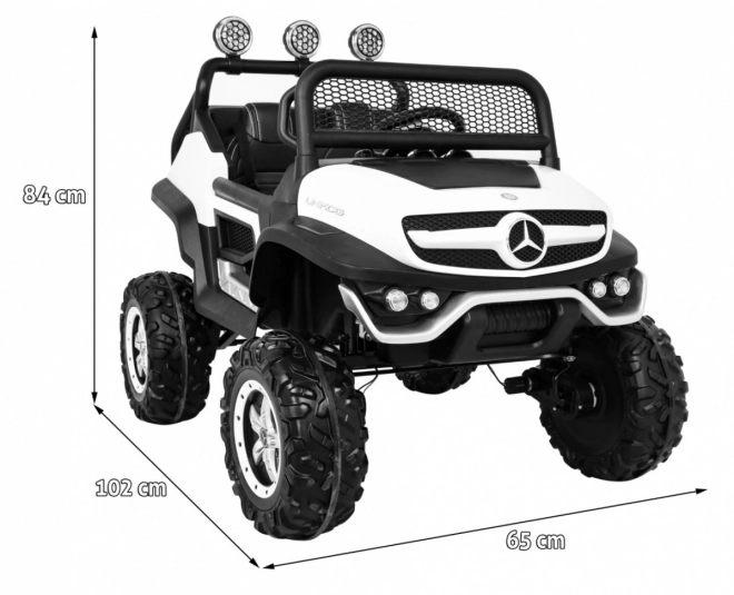 Mercedes Benz Unimog pro děti bílý + pohon 4x4 + dálkové ovládání + nosič zavazadel + pomalý start + MP3 LED