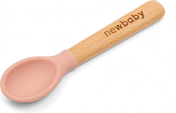 Lžička silikonová a dřevěná New Baby růžová