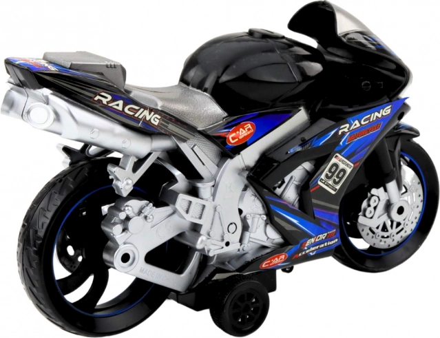 Černomodrý závodní motocykl s efekty světel a zvuku