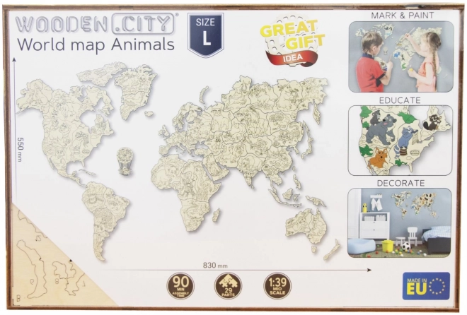 Dřevěná zvířecí mapa světa 3D, velikost M
