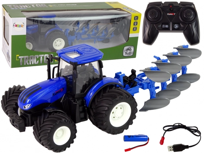 Traktor na dálkové ovládání 1:24 Modrý pluh kovový