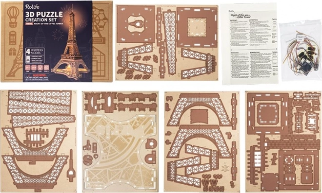 RoboTime 3D Dřevěné puzzle Rolife Noc Eiffelovy věže svítící