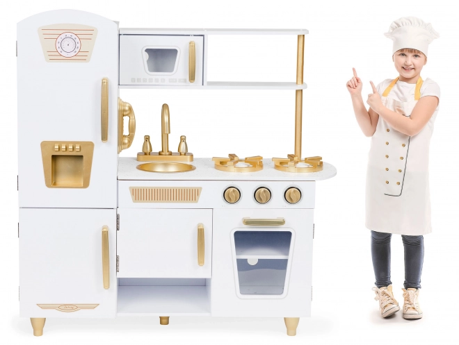 Velká dřevěná kuchyňka pro děti, bílá a zlatá, ECOTOYS