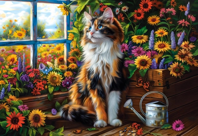 Puzzle 1000 dílků Kot mezi květinami