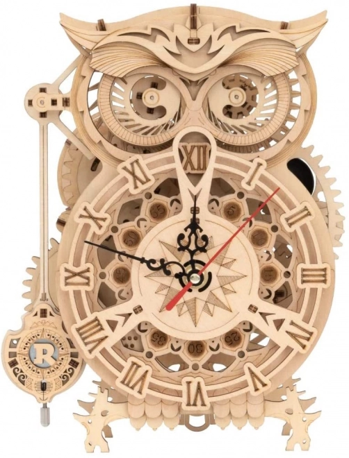 3D dřevěný mechanický puzzle Soví hodiny