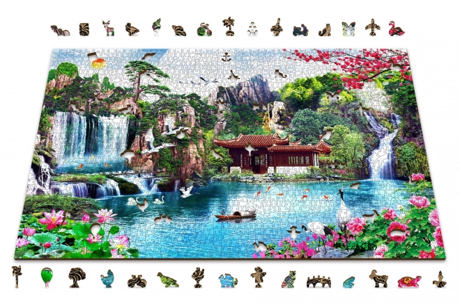 Dřevěné puzzle Vodopády v japonské zahradě