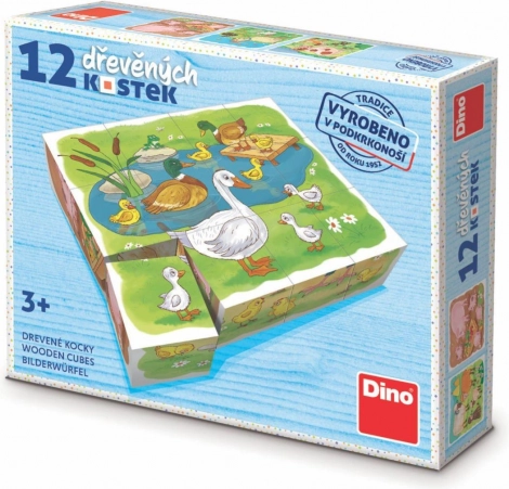 dino dřevěné obrázkové kostky na farmě – 12 kostek