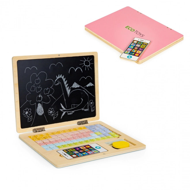 ECOTOYS Dřevěný notebook s magnetickým monitorem - růžový