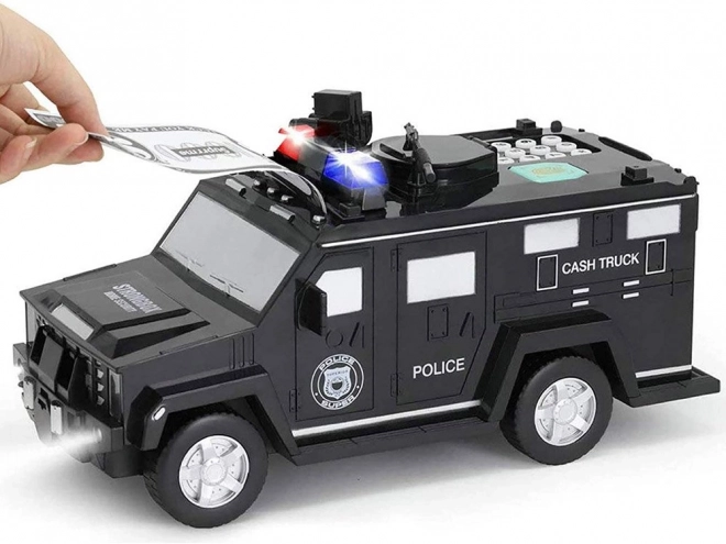 Dětská kasička s heslem a otiskem prstu - policejní auto – Černá