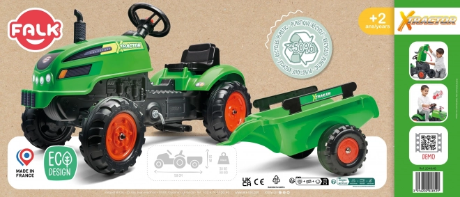 Šlapací traktor s vlečnou a otevírací kapotou zelený