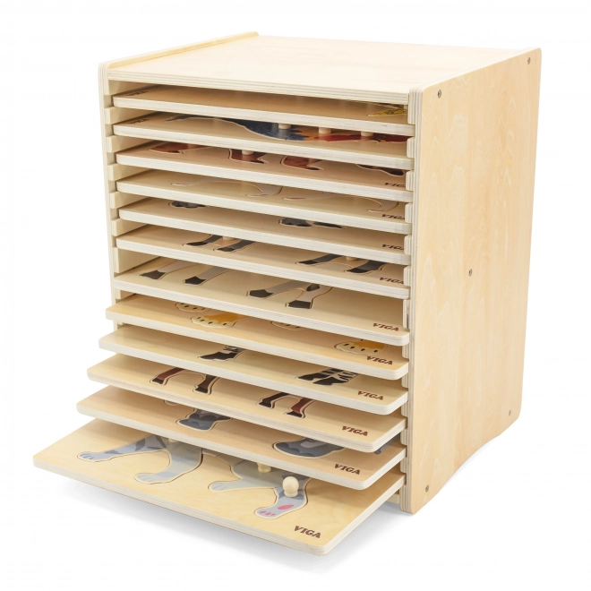 Sada dřevěných puzzlí 12 zvířátek Montessori se stojanem Viga