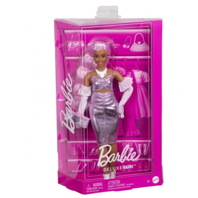 Panenka Barbie Deluxe Modelka v metalických šatech