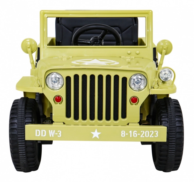 Retro vojenské auto pro děti béžové + pohon 4x4 + dálkové ovládání + 2 nosiče zavazadel + pomalý start + MP3 LED