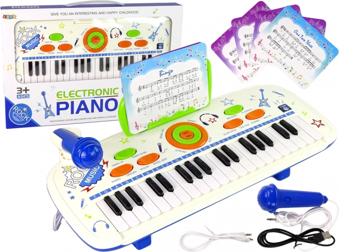 dětský elektronický klávesový klavír s mikrofonem a USB/MP3, modrý