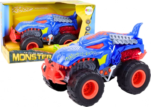 terénní auto dinosaurus velociraptor s výroky a světly – modré