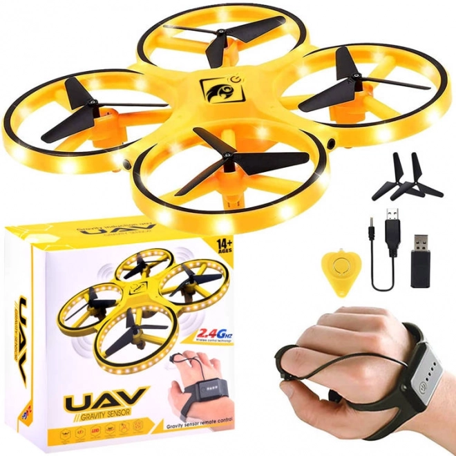 Dron ovládaný gesty rukou + dálkové ovládání Kvadrokoptéra RC0573 – Žlutá