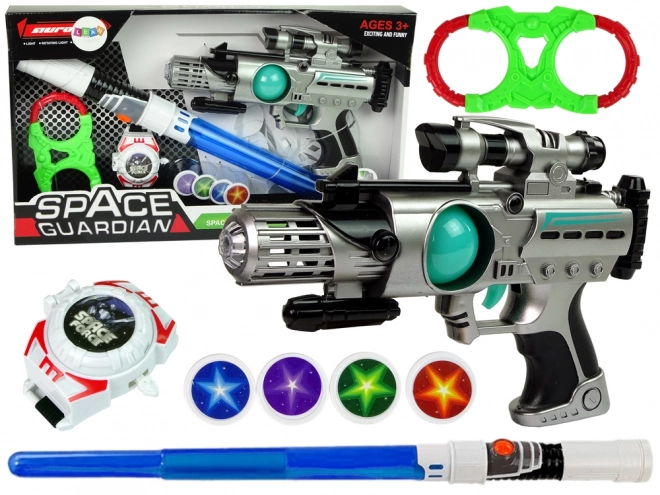 Sada vesmírných zbraní Space Guardian s laserovou pistolí a mečem