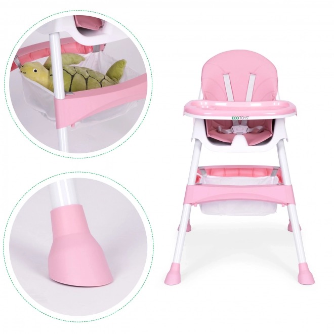 Dětská jídelní židlička s podnosem a košem ECOTOYS růžová