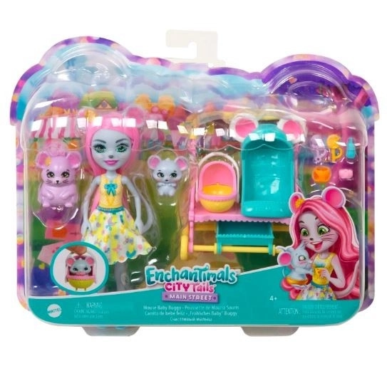 Loutka Enchantimals Mauria Mouse s kočárkem a myškami