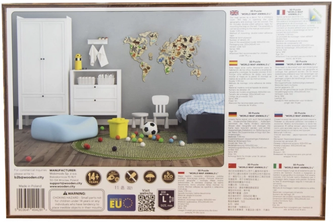 Dřevěná zvířecí mapa světa 3D, velikost M