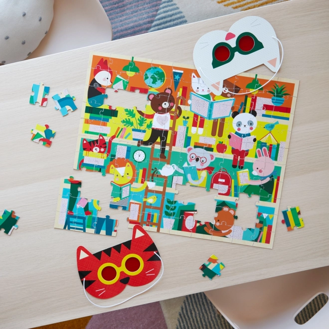 Petit Collage puzzle knihovna s 3D brýlemi