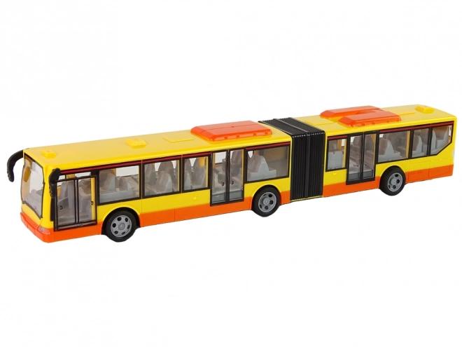 Zdalně řízený kloubový městský autobus v oranžové barvě