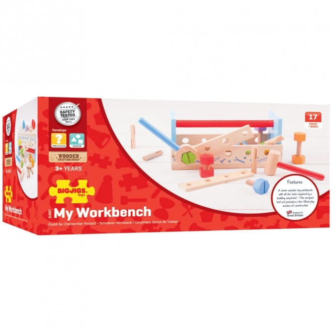 Dřevěný ponk a přepravka na nářadí 2v1 Bigjigs Toys