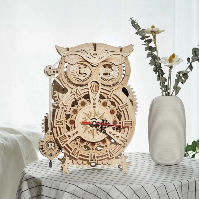 3D dřevěný mechanický puzzle Soví hodiny