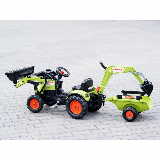 Šlapací traktor Claas Arion 410 s radlicí a zadní lžící a valníkem zelený