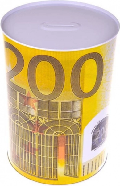 Kovová pokladnička ve tvaru plechovky s motivem bankovky 200 Euro