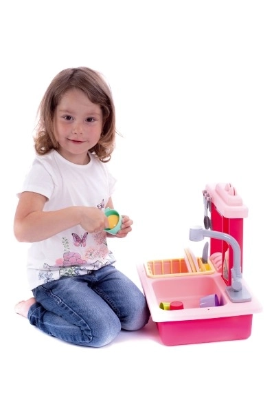 Dřez na mytí nádobí růžový + kohoutek na vodu na baterie plast s doplňky v krabici 46x28x12cm