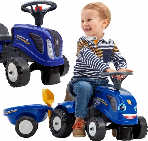 Odrážedlo traktor NEW HOLLAND s přívěsem a doplňky pro děti od 1 roku