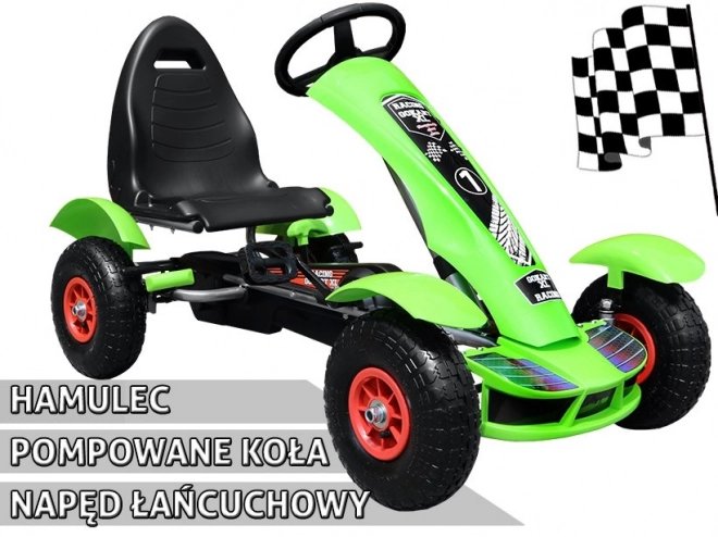 Závodní šlapací motokára XL pro děti 3+ Zelená + Nafukovací kola + Nastavitelné sedadlo + Volnoběh