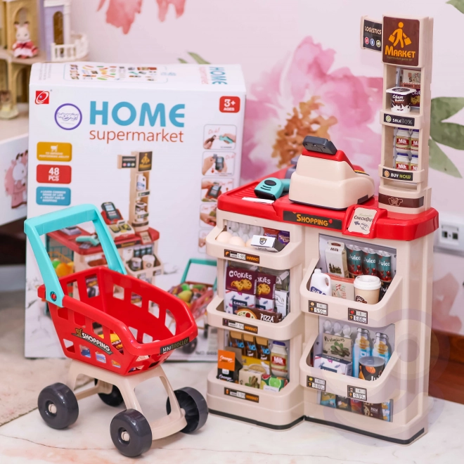 Supermarket s nákupním vozíkem a skenerem