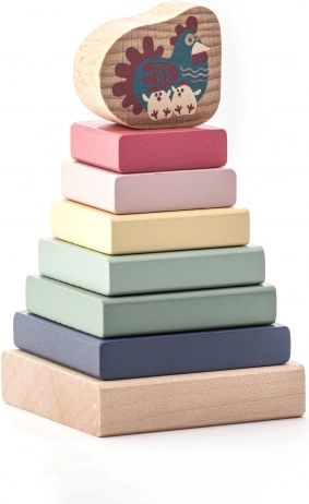 Cubika pastelová dřevěná barevná pyramida se slepičkou – skládačka 8 dílů