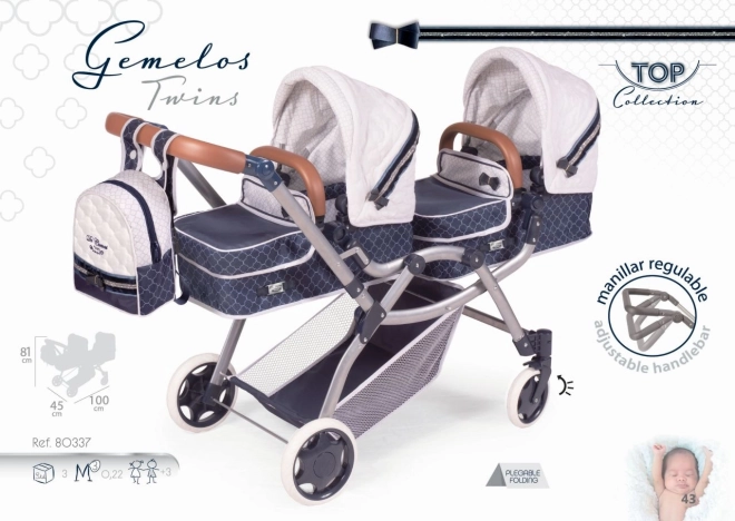 DeCuevas 80337 Skládací kočárek pro dvojčata panenky 3 v 1 s batůžkem TOP Collection 2020 - 81 cm
