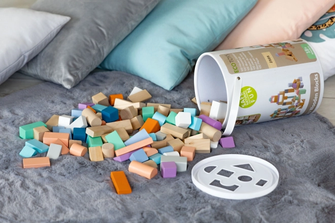 Dřevěné kostky 100 ks ve vědru se sortérem Ecotoys