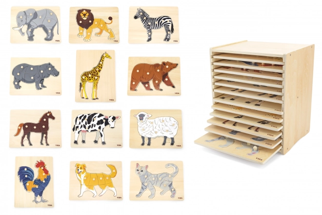 Sada dřevěných puzzlí 12 zvířátek Montessori se stojanem Viga