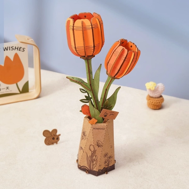 Robotime Rowood 3D dřevěné puzzle oranžové tulipány