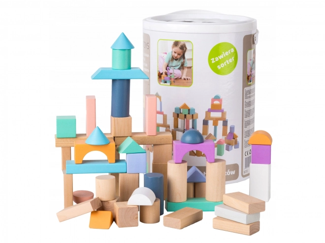 Dřevěné kostky 100 ks ve vědru se sortérem Ecotoys