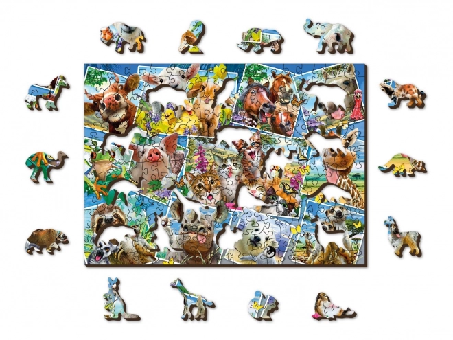 Dřevěné puzzle s figurkami - pohlednice se zvířaty