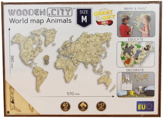 Dřevěná mapa světa se zvířátky