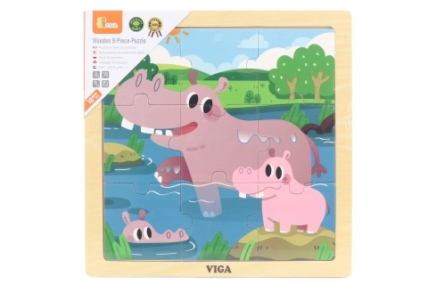 Dřevěné puzzle hroši Viga, 9 dílků