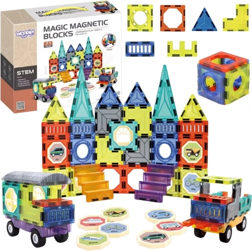 Woopie magnetické stavebnice 3D – zámek a vozidla, 71 dílů