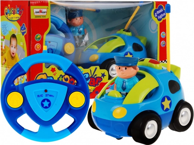 rc policejní autíčko pro děti s volantovým ovladačem, figurkou policisty, zvuky a světly